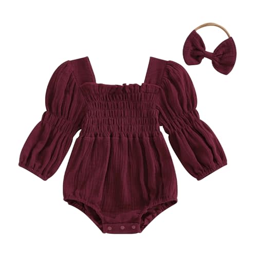 Kavousa Smocked Baby Girl Clothes Newborn Girl Bubble Romper Long Sleeve Jumpsuit And Headband Outfit Cute Infant Clothing