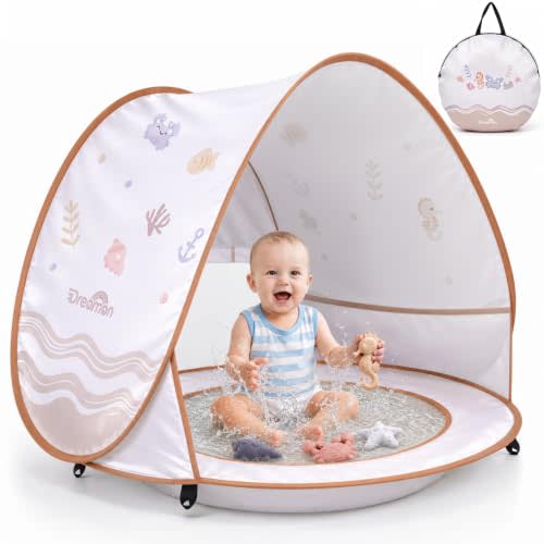 Dreamon Baby Beach Tent with Pool – Pop Up Shelter UV Protection for Infant | Large 47" x 28" x 34" Baby Tent with Beach Toys Set and Carry Bag, Baby Beach Essentials Portable and Foldable Kids Play Tent