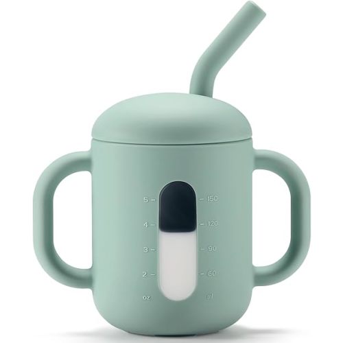 CLYMENE Silicone Training Cup with Straw & Handles | Baby Sippy Cup | Water Drinking Cup for Infants and Toddlers 6 Months+, 6 oz, Sage