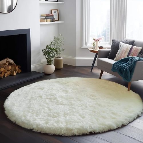 PAGISOFE Cream White Round Rugs 5Ft, Fluffy Shaggy Ivory Carpets, Rugs for Girls Boys Baby Kids Bedroom, Indoor Furry Comfy Teepee Mats, Circular Rug for Reading Area Nursery Room Decor Aesthetic