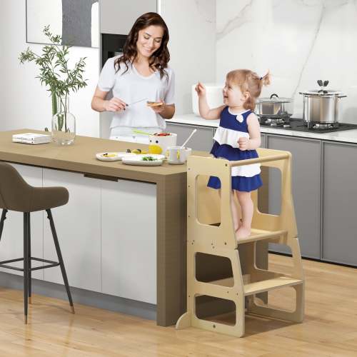 3-in-1 Foldable Kitchen Standing Tower for Toddlers With Chalkboard-Natural
