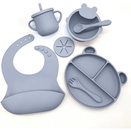 Silicone Baby Feeding Set, Toddler Feeding Set With Divided Suction Plate Bowl Spoons Forks Sippy Cup Adjustable Bib Non Slip Mat, Baby Eating Utensils, Bear Shape, 7-Piece, (Dark Blue)