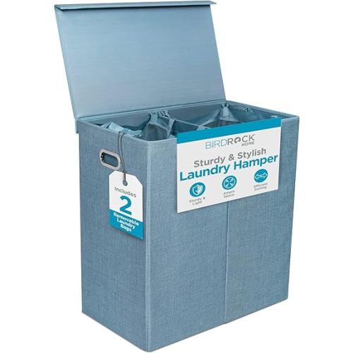 BIRDROCK HOME Laundry Hamper with Lid | Removable Bags for Sorting Clothes | Sectioned Laundry Basket for Bedroom & Bathroom | Collapsible Storage Bin with Cover | Double, Light Blue