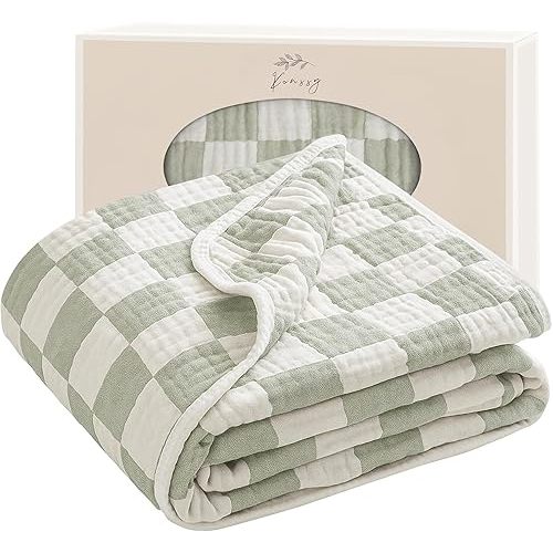 Konssy Muslin Baby Blanket 43''x43'', Soft Cotton Breathable Receiving Blanket for Infant Toddler, Lightweight Crib Nursery & Stroller Blanket for Baby Girls and Boys (Green)