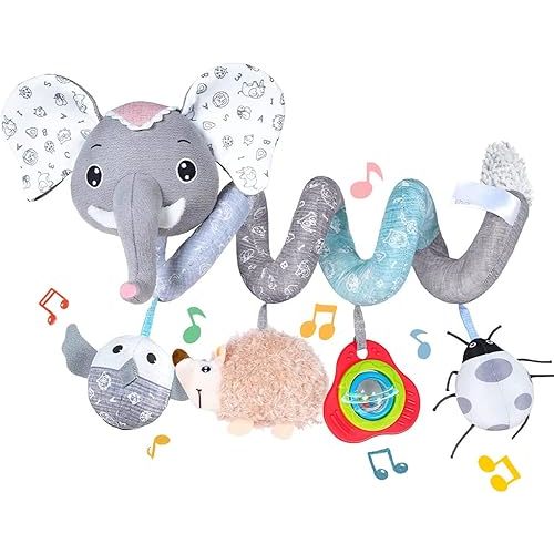 Koty Car Seat Toys, Infant Baby Spiral Plush Activity Hanging Toy for Stroller Bar Pram Crib with Music Box BB Squeaker & Rattles(Grey Elephant)