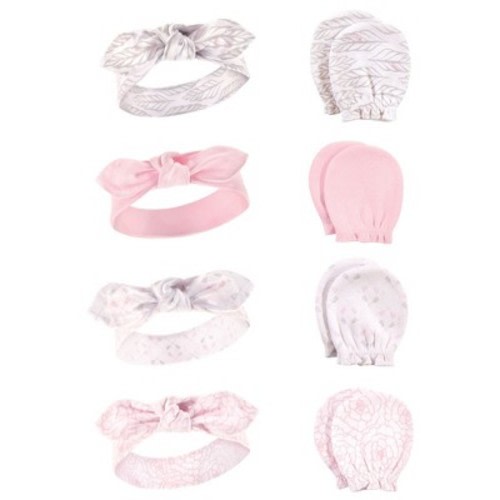 Hudson Baby Infant Girls Cotton Headband and Scratch Mitten Set, Gray Feather, 0-6 Months