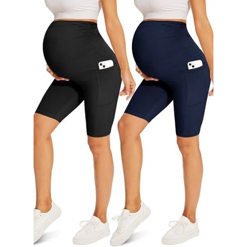 Fotociti Maternity Shorts with Pockets Over The Belly,8" Pregnancy Biker Yoga Active Workout