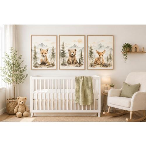 Woodland Mountain Nursery Art Set, Fox Bear Deer Watercolor Prints, Neutral Boho Decor
