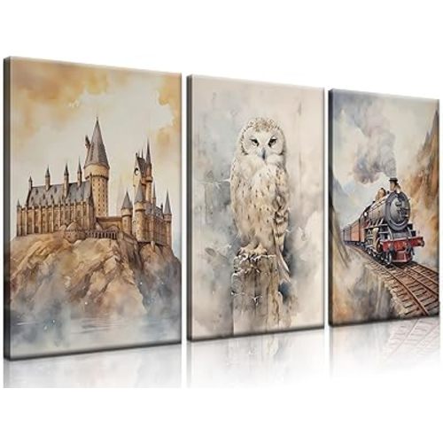 3Pcs Magic Nursery Wall Art Express Train Snowy Owl Magic Castle Painting Wall Decor Magic Canvas Neutral Watercolor Poster Print Artwork for Kid Baby Nursery Home Decoration 12X16in Framed