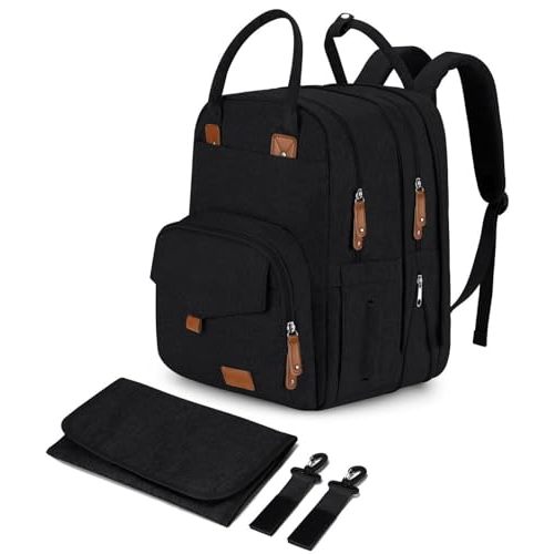 Qualyphant Large Diaper Bag Backpack for Two Kids Twins - Expandable Baby Bag (26-36L), Dual Big Compartments - Includes Changing Pad & Stroller Straps, Unisex Black