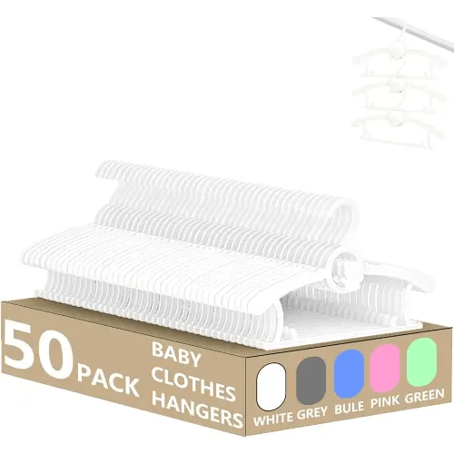 HGYZE Baby Hangers for Closet 50pcs, White Kids Clothes Hanger Plastic, 11-14" Adjustable Bulk Perchas for Newborn, Non-Slip Children Outfit Bear Hanger for Girl Boy Toddler Infant Nursery Clothing