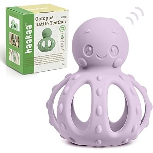 haakaa Octopus Rattle Teether,2-in-1 Baby Teething Toy with Gentle Rattle,Soft Textured Teether for Sore Gums,Easy to Grasp Sensory Toy for Babies 3M+,Lavender