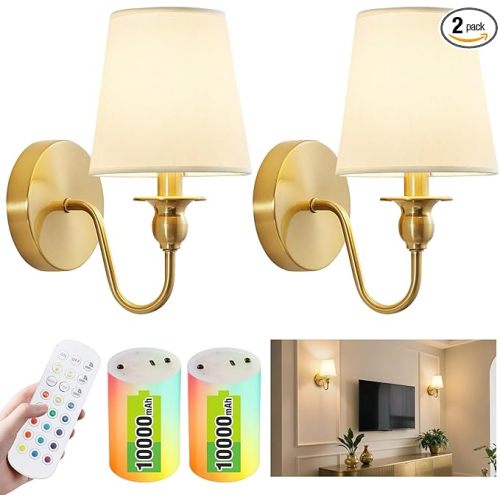 Battery Operated Wall Sconce Set of 2,Wireless Wall Sconces with 10000 mAh,RGB Rechargeable Sconces with Remote,Cordless Wall Lights for Bedroom,Living Room,Bathroom,Renter Friendly Home Decor (Gold)