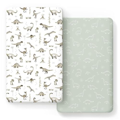 GRSSDER Stretch Ultra Soft Jersey Knit Fitted Crib Sheets Set 2 Pack,Fit All Standard Crib Mattress Pads Safe and Snug, Crib Fitted Sheet for Baby, Dinosaur