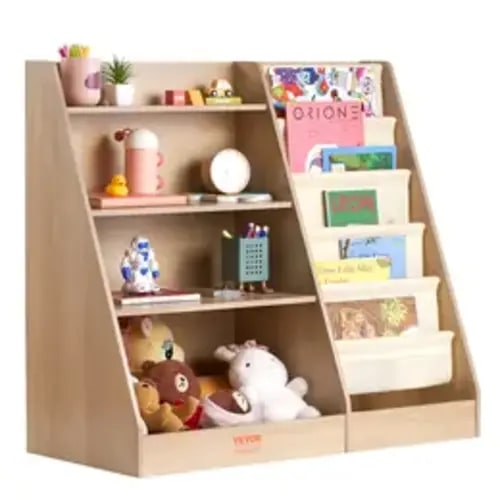 VEVOR 4-Tier Kids Wooden Bookshelf, Six-Layer Sling Bookcase, Baby Storage Book Rack, Book Toy Organizer Cabinet, for Kids Room, Playroom, Kindergarten, Nursery - TikTok Shop