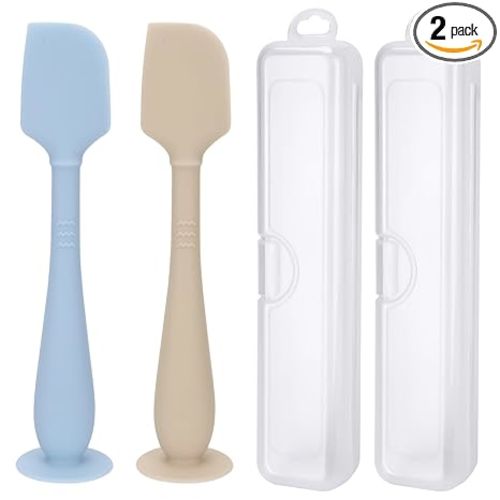 2 Pack Diaper Cream Spatula with Hygienic Travel Case, Butt Spatula Baby with Suction Base, Baby Butt Paste Spatula, Soft Silicone Diaper Rash Cream Applicator Large Size (Blue & Offwhite)