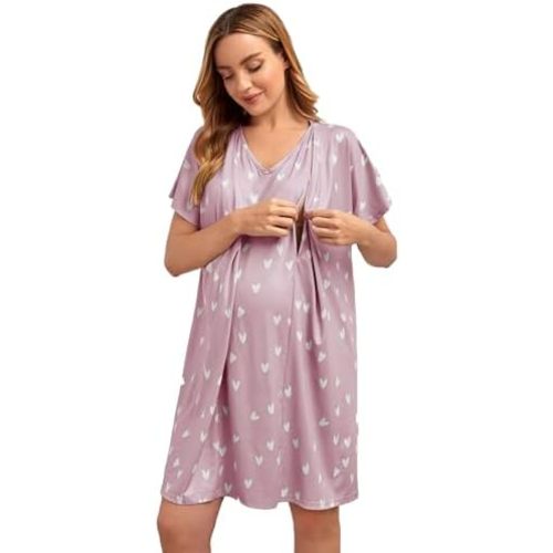 SWOMOG Nursing Nightgown 3 in 1 Labor and Delivery Hospital Gown Maternity Dress Short Sleeve Birthing Robe for Breastfeeding