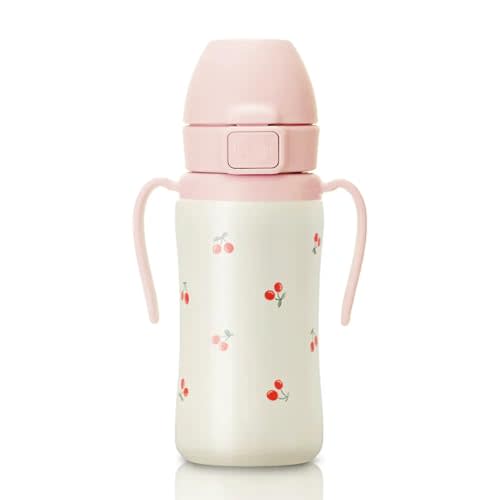 GROSMIMI Stainless Steel Baby Straw Cup, Spill-Proof, 12M+, 10oz (Cherry) | Stage 2 | Flip-Top | Insulated Vacuum Sippy Cup | Babies & Toddlers | Rotating Handles | Silicone Straw | BPA-Free | 300ml