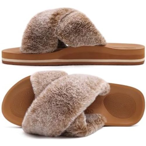 COFACE Womens Fuzzy Slides Fluff Faux Fur Cross Slippers Open Toe Yoga Mat House Slipper Sandals With Arch Support For Indoor/Outdoor