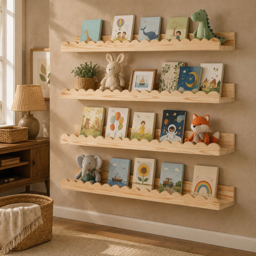 Trinx 4-pack of 23-inch wooden scalloped floating nursery shelves for wall-mounted book storage and decor in kids' bedrooms, toddler rooms, baby rooms, and nurseries. | Wayfair