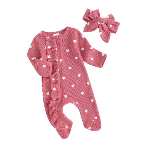 Bagilaanoe Newborn Valentine's Day Outfits Baby Girls One-pieces Heart Print Long Sleeve Jumpsuit + Headband 3M 6M Infant Ruffle Zipper Romper Casual Clothing