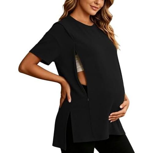 Women's Maternity Shirts Side Zipper Plus Size Nursing Tops Short Sleeve Basic Maternity Shirts Summer Casual Tees