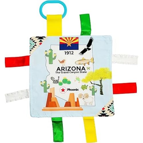 Baby Jack & Co 8x8” Learning Lovey Arizona State Tag Stroller Toy for Babies - Crinkle Toys for Developing Five Senses - Learn About Capitals - Travel with Baby Jack - BPA Free w/Stroller Clip