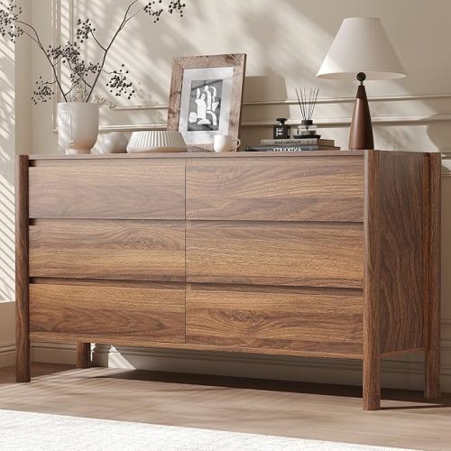 CHUWELL Walnut 6 Drawers Dresser for Bedroom, 47.2" Wide Mid Century Modern Chest of Drawers with 4 Solid Wood Cylindrical Legs and Large Storage Space, Large Dresser for Bedroom