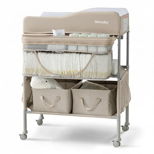 Sweeby Portable Baby Changing Table, Foldable Diaper Changing Station with Waterproof Pad, Mobile Nursery Organizer for Infant & Newborn Essentials, Oat