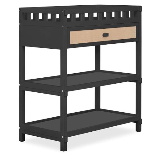 Dream On Me Doula Changing Table in Matte Black – BSA & GREENGUARD Gold Certified, Enclosed Dressing Area for Safety, Two Spacious Storage Shelves & A Closed Drawer, Converts to Nightstand