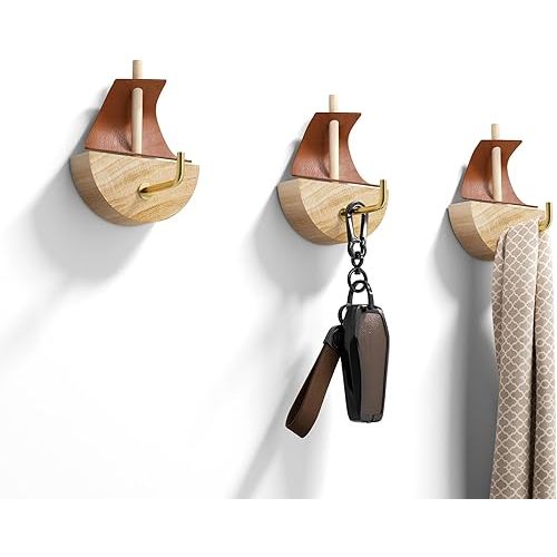 Sailboat Key Holder and Teacup Hook - Nautical Wood Wall Decor for Small Space Organization, Coffee Bar Entryway - Set of 3