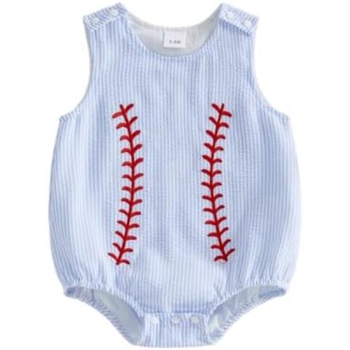 Newborn Baby Boy Baseball Outfit Embroidered Stripe Bubble Romper Seersucker Sleeveless Bodysuit Summer Clothes