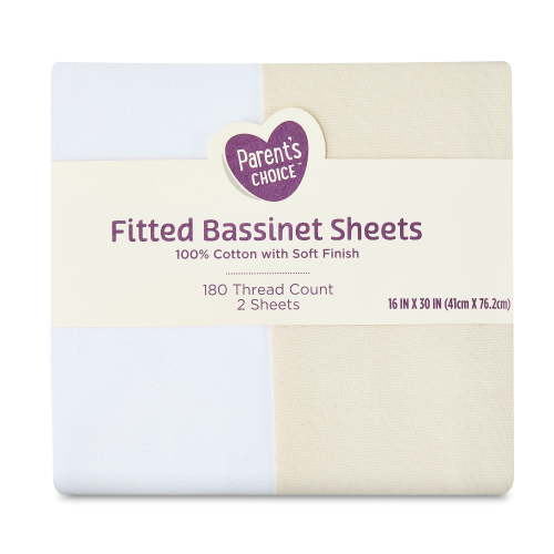 Parent's Choice 180 Thread Count White and Birch Cotton Fitted Bassinet Sheets, 2 Pack