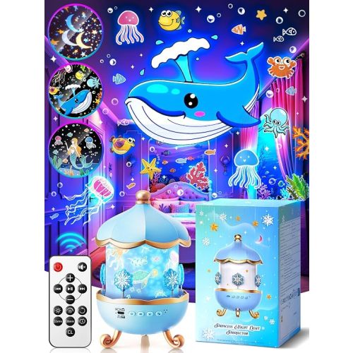 PIKOY Night Light Snow for Kids, 15 White Noise+16 Films+336 Colors Star Projector for Kids, 360°+Remote+Cordless Baby Night Light Projector, Princess Toys for Girls Room Decor Light