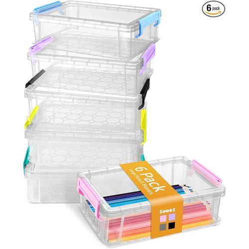 Sooez 6 Pack Extra Large Pencil Box, Plastic Hard Pencil Case Crayon Box Bulk, Clear Marker Organizer Plastic Containers with Lid, Stackable Storage Boxes for Art Craft, Back to School Supplies, Multi