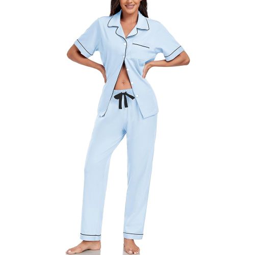 EA'S SECRET Womens 100% Cotton Pajama Sets Short Sleeve Shirt and Pajama Pants Soft Sleepwear Button Down Pjs for Women