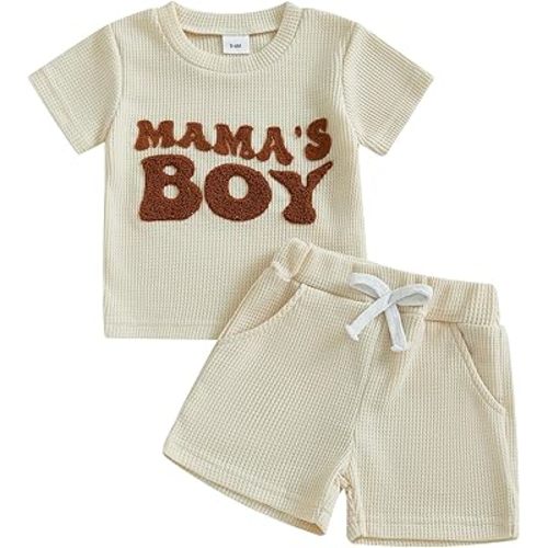 allshope Baby Boy Summer Outfit Set Letter Embroidery Short Sleeve T Shirt Solid Shorts Waffle Knit Clothes 6 12 18 24 Months
