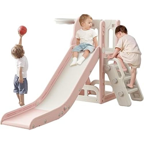 Toddler Slide,Kids Climber Slide with Storage Space and Non-Slip Steps,Indoor Outdoor Playset with Basketball Hoopa and Telescope,Slide for Toddlers Age 1-3
