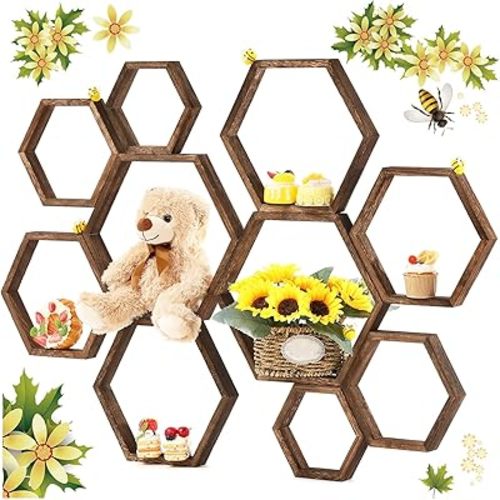 Gerrii Honey Comb Decorations 5 Size Wood Hexagon Shelves,Dark Brown,10 Pcs