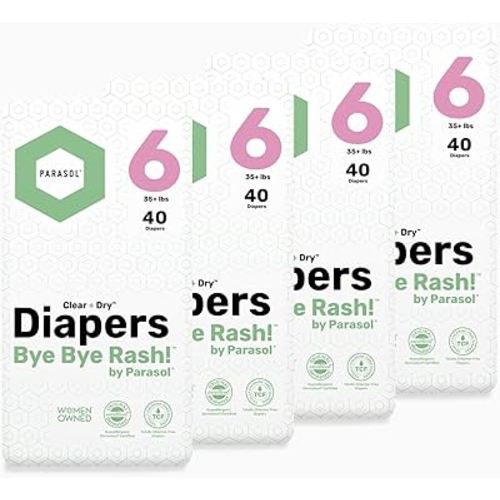 Parasol Clear+Dry Disposable Diapers, RashShield Protection and Leak-Control Fit, Hypoallergenic Diapers, Size 6 (35 Pounds and Up), 160 Count