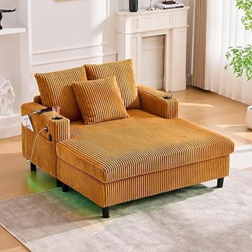 SLEERWAY Modern Corduroy Chaise Lounge Sofa Indoor - 55.9" Comfy Oversized Couch Bed with USB Ports, Cup Holder, Side Pocket, Lights, 3 Throw Pillows, Lazy Recliner Chairs Living Room (Yellow)