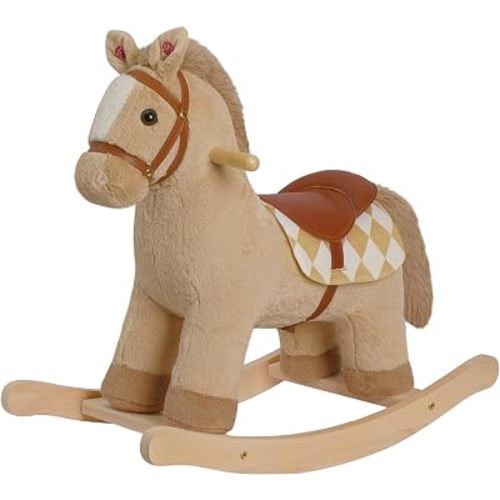 Rocking Horse for Toddlers 18M+, Light Brown Plush Ride-On Horse Toy with Realistic Galloping Sounds, Upgraded Wooden Rocker for Boys and Girls