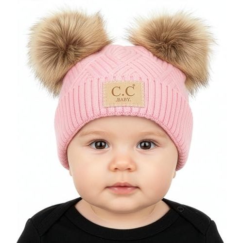 Funky Junque Double Pom Pom Baby Beanie – Newborn Girl Winter Hat 0–12 Months, Cute Cozy Knit Infant Beanies for Cold Weather