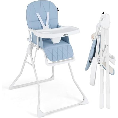 INFANS Baby High Chair, Quick Folding Portable Highchair for Babies and Toddlers with Adjustable Footrest Removable Dishwasher Tray PU Seat, Compact Highchairs for Baby Age 6-36 Months (Blue)