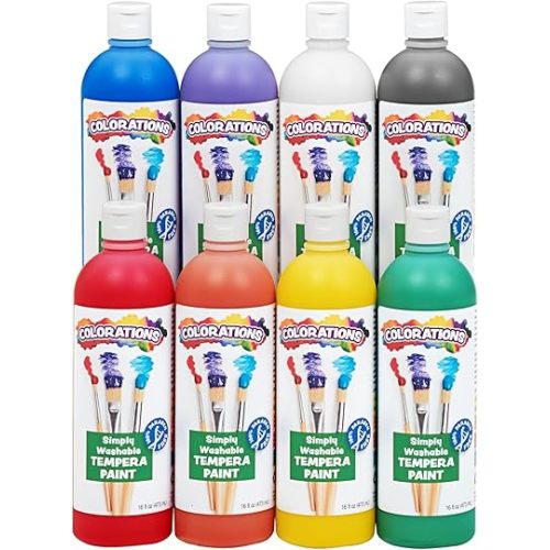 Colorations Paraben-Free Simply Washable Tempera Paint, Rainbow Plus 8 Pack, Matte Finish, Classroom Supplies, Vibrant Colors, Non-Toxic, Washes Off Easily, School, Craft, Art Supply Set, Each 16oz