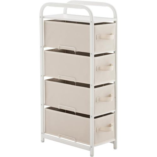 MAX Houser 4 Drawer Narrow Dresser Fabric Storage Tower Vertical Slim Storage Chest Organizer Nightstand Side/End Table Small Standing Organizer Removable Drawers Wood Top for Bedroom, Bathroom(Beige)