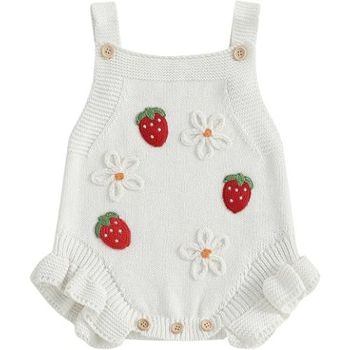 FYBITBO Baby Sweater Knit Romper Newborn Girl Strawberry Sweaters Onesie Overalls Fall Winter Clothes Knitted Outfit (White, 6-12 Months)