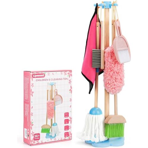 Kids Cleaning Set, Wooden Toddler Broom Set for Housekeeping, 8 Pieces Montessori Cleaning Toys with Kids Broom and Mop Set, Housework Pretend Play Toy Gift for Boys Girls Ages 3+