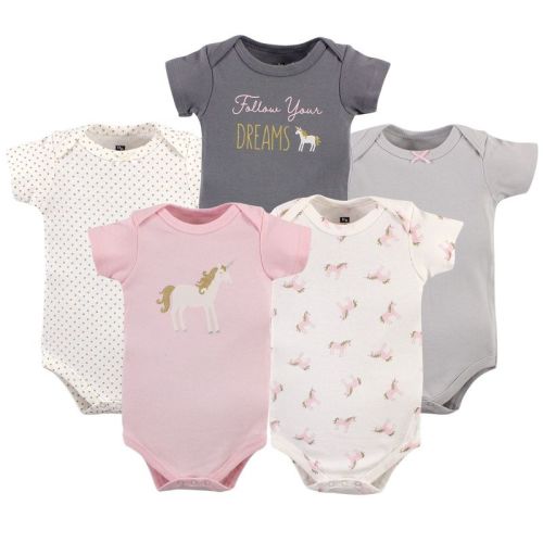 Hudson Baby Infant Girl Cotton Bodysuits 5pk, Gold Unicorn
