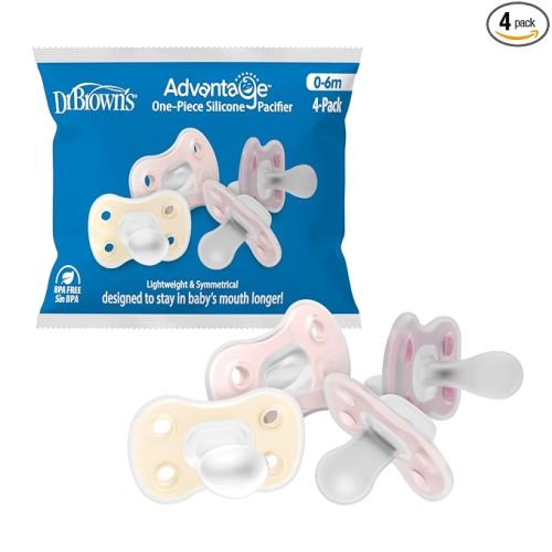 Dr. Brown's Advantage One-Piece Silicone Baby Pacifier, Fully Symmetrical Soother, Ecru/Light-Pink/Pink, 0-6M, BPA-Free, 4-Pack